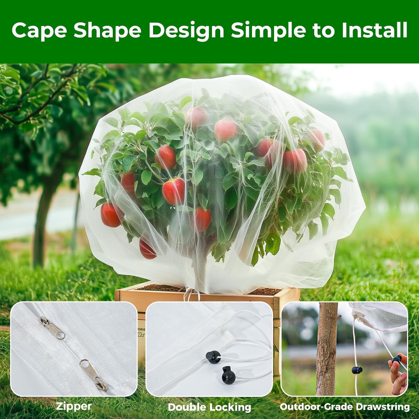 Fruit Tree Netting with 2-Way Zipper & Drawstring - 4'x6' Garden Plant Net Pest Barrier to Prevent Cicadas Bird Squirrel Deer - Bug Protection for Blueberry Tomato with Fine Mesh Insect Cover (2 Pack)