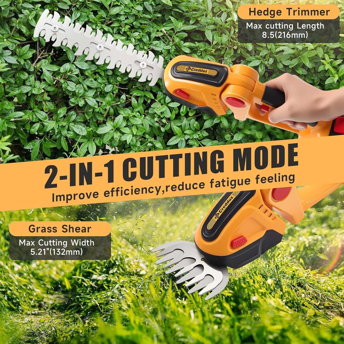 Cordless Hedge Trimmer, 2-in-1 Handheld Electric Hedge Trimmer/Grass Shears for Garden,Yard and Lawns, Shrub Trimmer with 2 PCS Rechargeable Battery&Charger (Yellow)