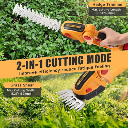 Cordless Hedge Trimmer, 2-in-1 Handheld Electric Hedge Trimmer/Grass Shears for Garden,Yard and Lawns, Shrub Trimmer with 2 PCS Rechargeable Battery&Charger (Yellow)