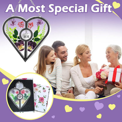 KY&BOSAM Heart Suncatcher Mom Gifts Stained Glass for Windows Hangings Wind Chimes Ornament,Pressed Flower in Glass and Metal Trim Mom Heart Charm Gift for Women Mother`s Day Birthday Christams Decor