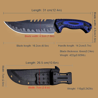 BA-KOR 12.4in Full Tang Fixed Blade Hunting Knife – 6mm 9CR18MoV Steel, G10 Handle, Stonewashed Sawback Blade with Kydex Sheath & Fire Starter for Outdoor, Camping, Survival (Blue and black stripes)