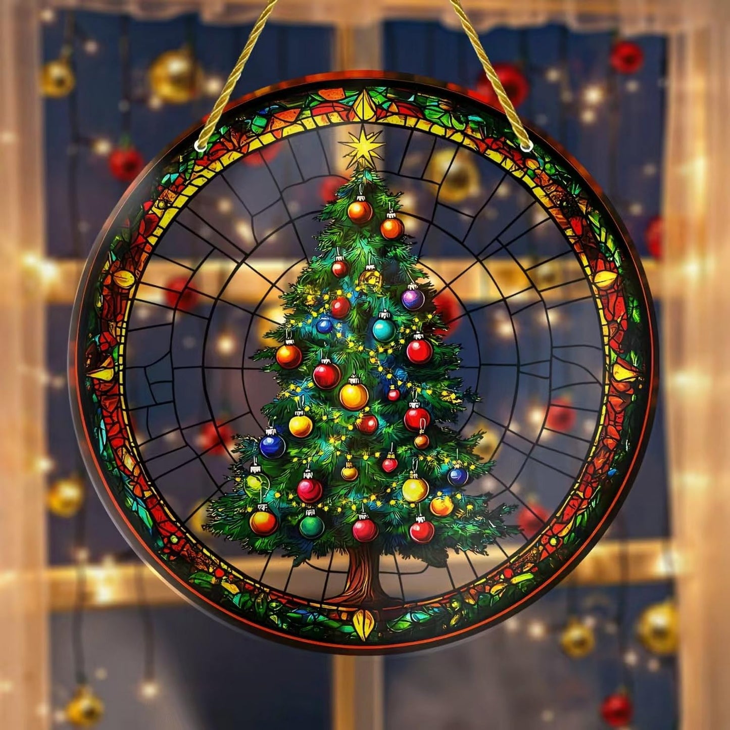7.87inch Christmas Tree Sun Catcher for Window Hanging Round Acrylic Hanging Suncatcher for Garden Decor ，Wall Home, Kitchen, Housewarming Women Neighbor Winter Xmas Decor Gifts