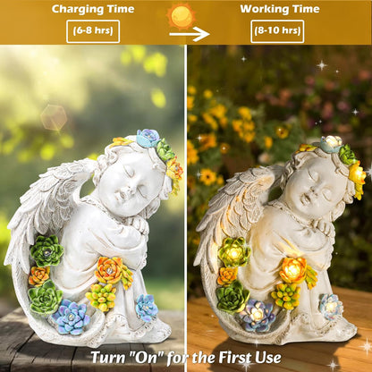 Solar Cherub Angel Outdoor Garden Decor Statues - 8 inches Angel Figurines Outdoor Sculptures with Succulent, Garden Statues for Outside, Patio, Balcony, Lawn Ornaments or Housewarming Gift