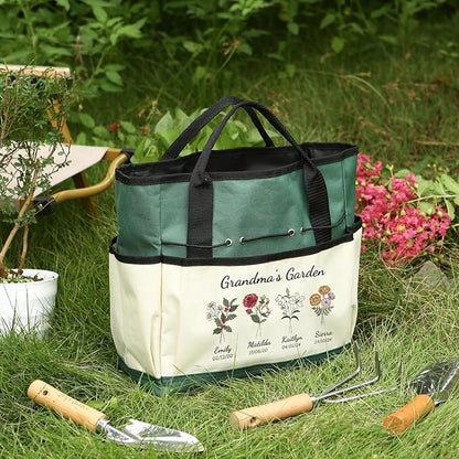Personalized Garden Tools Set for Women: Custom Text Garden Tool Bag and Garden Shovel & Transplant Shovel & Hand Rake - Gardening Gifts for Mom Grandma Gardening Lover (4 Flowers)