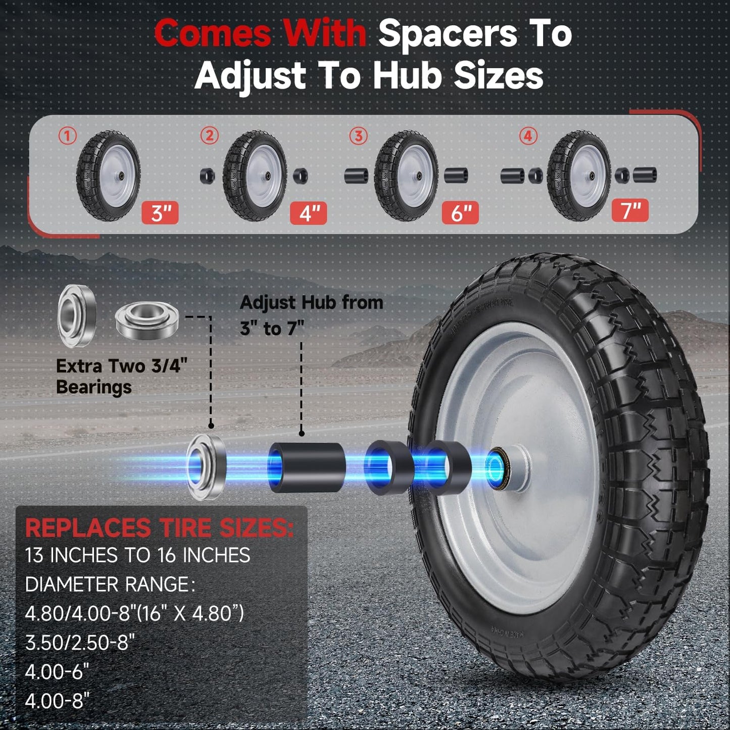 4.80/4.00-8 Tire and Wheel, 14.5" Flat Free Wheelbarrow Tire, 5/8" 3/4" Bearings Universal Solid Replacement Tires, 3" -7" Centered Hub for Hand Truck, Garden Cart, Includes Spacer Kit