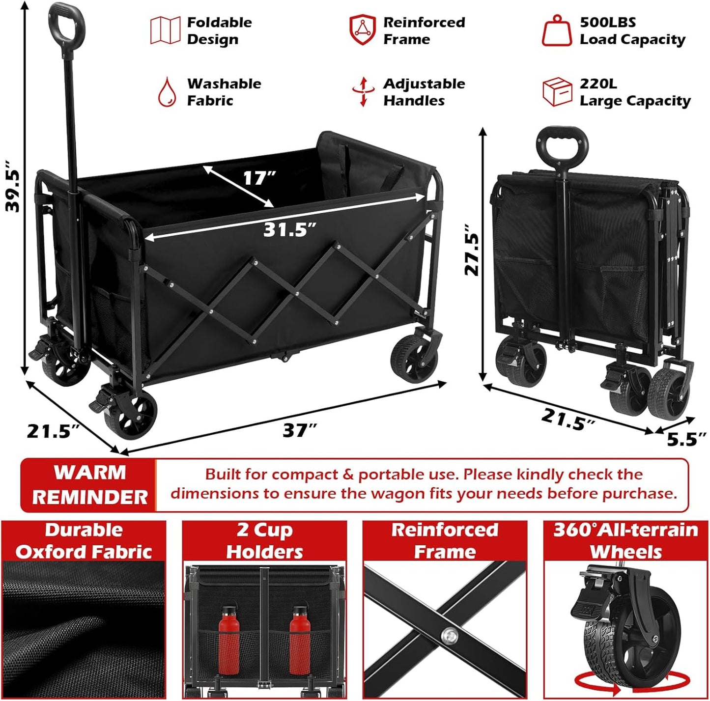 Collapsible Wagons Carts Foldable Wagon, 500LBS Heavy Duty Wagon Cart Foldable with Brakes & All-Terrain Wheels, Large Collapsible Folding Wagons for Beach Camp Sports Grocery, Portable (Black)