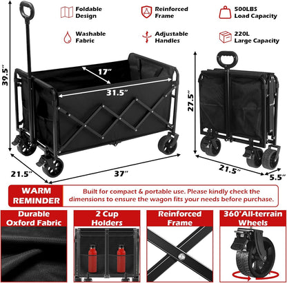 Collapsible Wagons Carts Foldable Wagon, 500LBS Heavy Duty Wagon Cart Foldable with Brakes & All-Terrain Wheels, Large Collapsible Folding Wagons for Beach Camp Sports Grocery, Portable (Black)