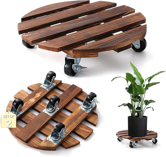 ZXZYHFTY Round Original Wooden Plant Stand with Wheels, 2 Packs Rolling Plant Stand with 360°Lockable Wheels for Vertical Garden Towers, Vertical Planting Tanks, Plant Pots, Wastebaskets (12")