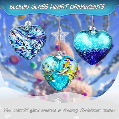 Set of 3 Handmade Glass Heart Ornaments 3.9 Inch Blue Friendship Heart Decor for Garden Home Centerpiece