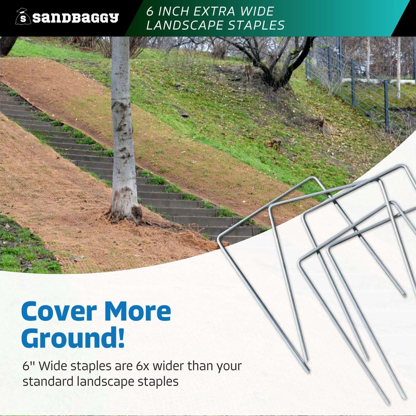Sandbaggy 6" Wide Landscape Staples - Extra Heavy Duty: 7 Gauge Galvanized Steel - Hold Down Pipes, Landscape Fabric, Ground Cover, Erosion Control Netting, Sod, & Turf (150, 6" W x 8" L)