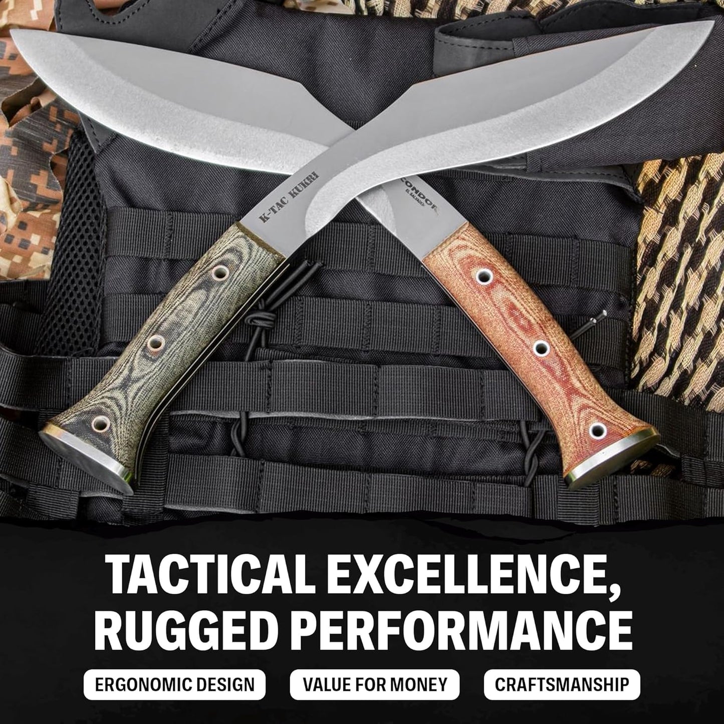 Condor Tool & Knife K-tact Kukri Knife Desert | Gardening Machete | Micarta Handle | Kydex with Leather Belt Loop Sheath | Convex Grind | 6mm Thick | 10in Blade | 32.4oz