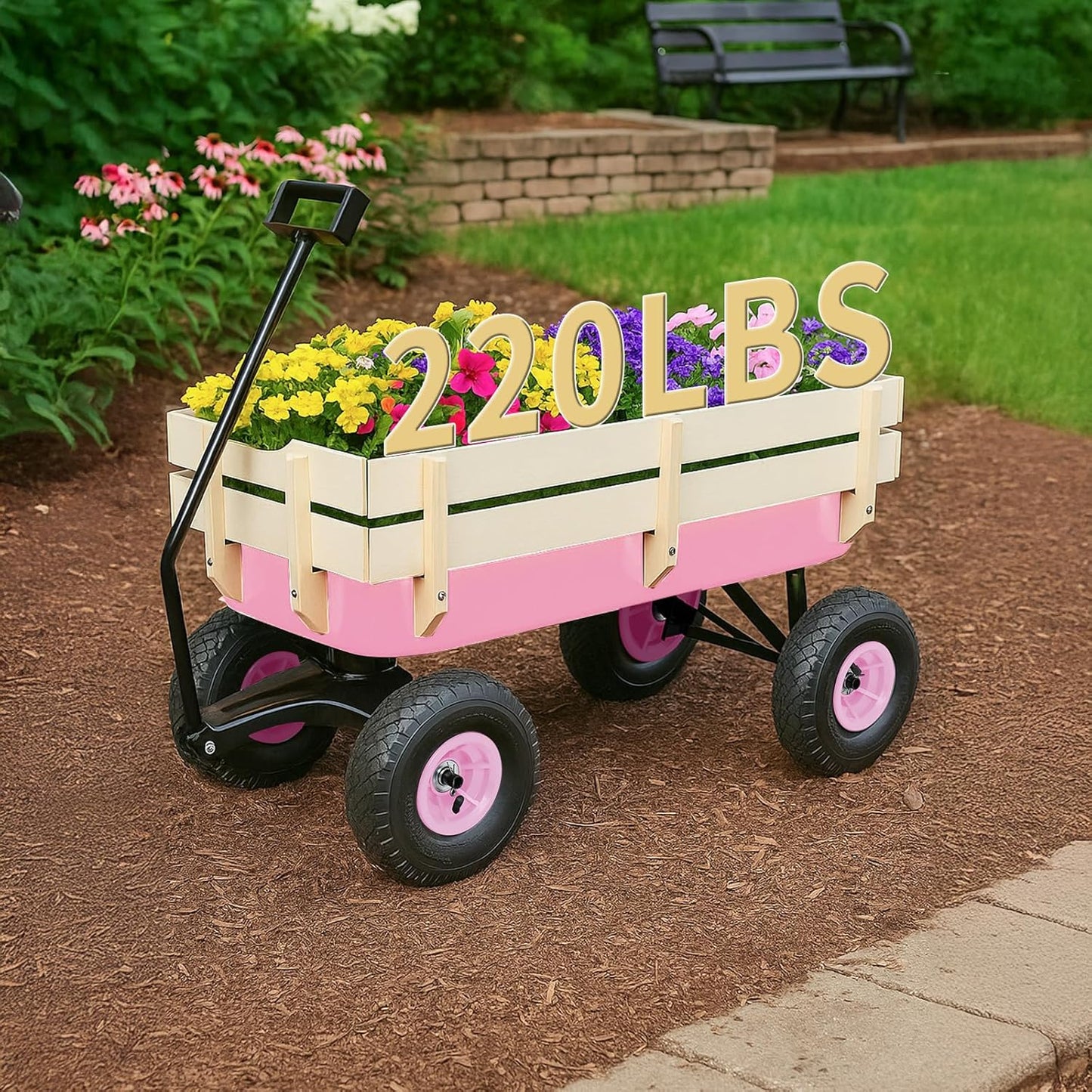 Outvita All-Terrain Cargo Wagon with 10'' Air Tires, Steel Structure Wagon with Removable Wooden Side Panels for Kids, Garden and Cargo, Up to 220lbs Capacity, 38'' L x 19'' W x 31'' H (Pink)