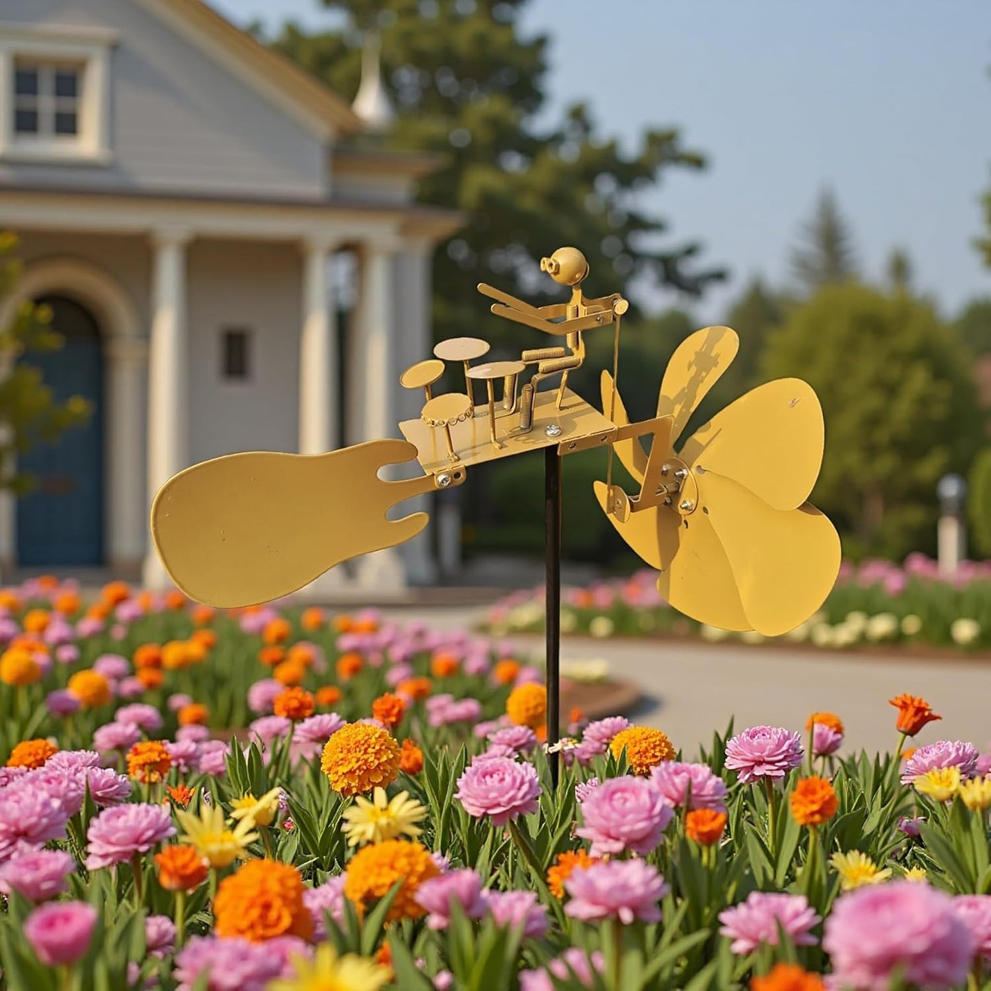 Handmade Metal Drummer Rock Band Windmill, Wind Powered Kinetic Sculpture, Garden Outdoor Wind Mill Spinner for Yard Lawn Garden Patio Rockin Art Figurine Decor (Gold)