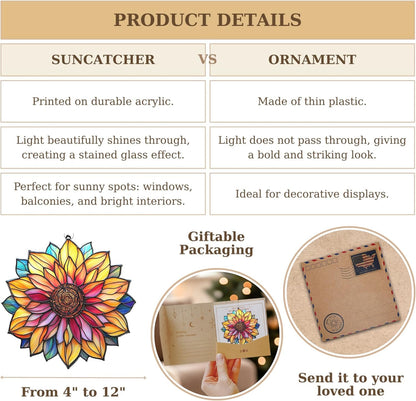 Mandala Sunflower Acrylic Suncatcher Stained Glass Effect Window Car Hanging Christmas Ornament Indoor Outdoor Decor Garden Sun Catcher Panel for Sunflower Lover for Women Mom Grandma