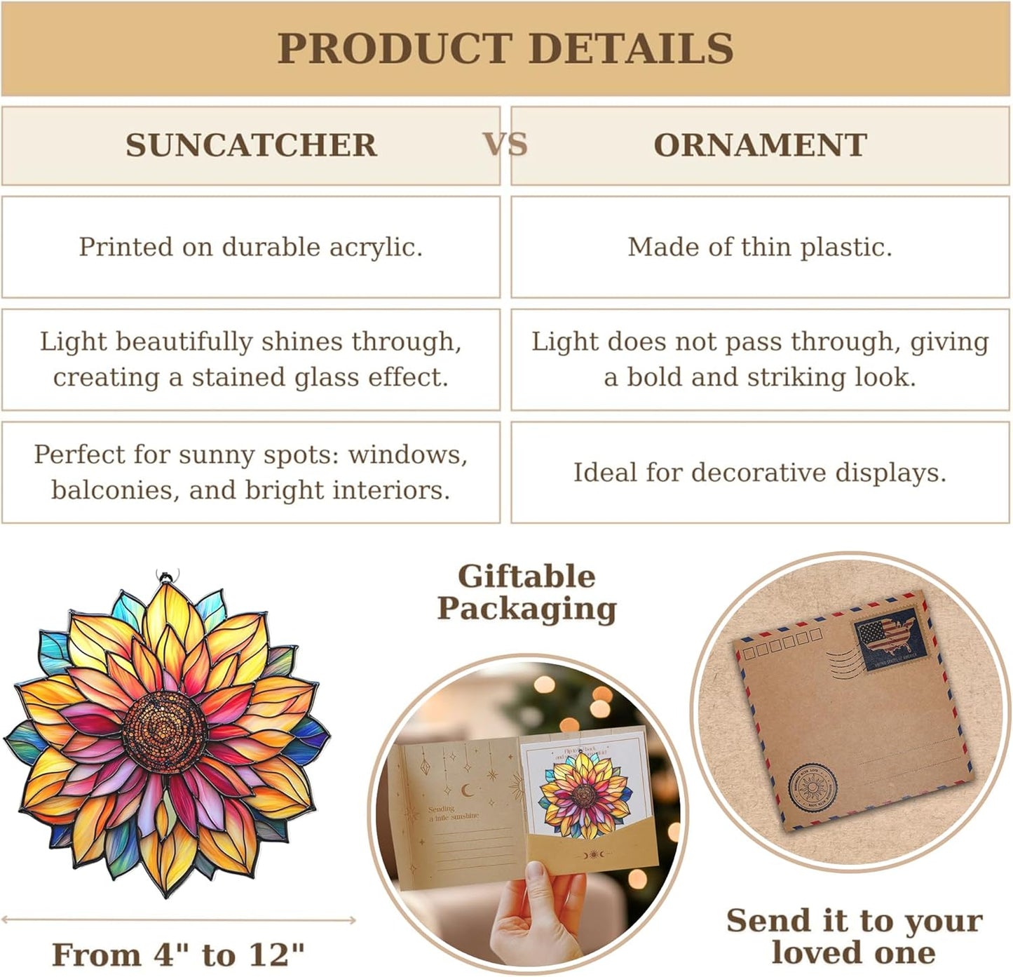 Mandala Sunflower Acrylic Suncatcher Stained Glass Effect Window Car Hanging Christmas Ornament Indoor Outdoor Decor Garden Sun Catcher Panel for Sunflower Lover for Women Mom Grandma