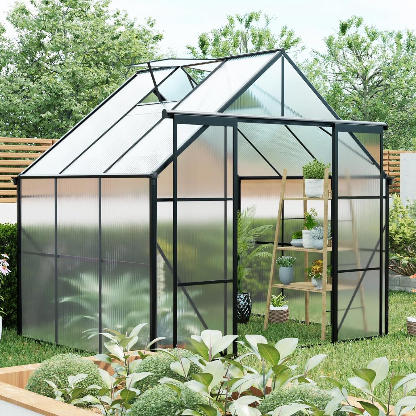 KEIKI 8x6 FT Double Door Upgrade Polycarbonate Greenhouse with Aluminum Frame,Raised Base and Roof Vent,Walk-in Greenhouses for Patio Garden