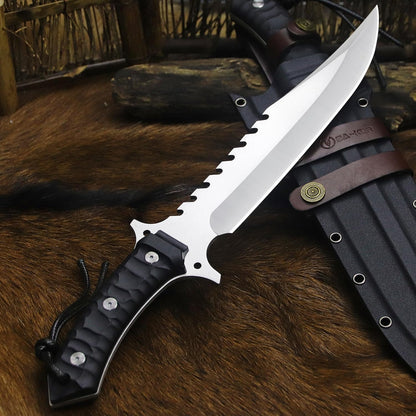 BA-KOR (15.8 inches) 5mm full Tang 9CR18MOV steel nylon fiber handle Bowie knife + sheath + (5.9 inches) cerium element striker, suitable for outdoor hunting, camping, survival, and daily carry of tools. (Sanding (full edge))