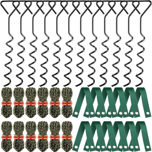 Sintuff 12 Set Tree Stakes and Supports Kit for Anti Hurricane Leaning Trees Straightening Heavy Duty 15. 75" Spiral Tree Stake with 13. 12 ft Ropes and 15. 75'' Support Straps (Army Green)