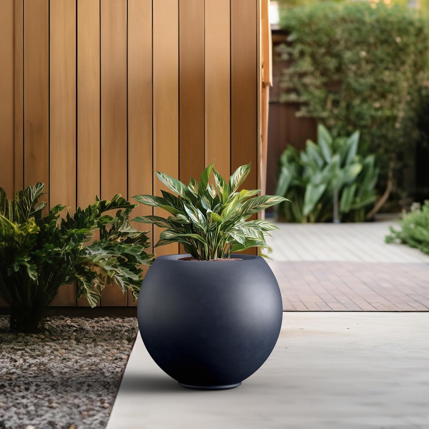 Kante Round Concrete Flower Pot, 19.3 Inch Dia (14" Opening) Sphere Shape Design Planter with Drainage Hole and Rubber Plug for Indoor & Outdoor Plants, Charcoal Finish with Forest Green Interior