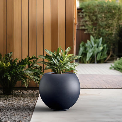 Kante Round Concrete Flower Pot, 19.3 Inch Dia (14" Opening) Sphere Shape Design Planter with Drainage Hole and Rubber Plug for Indoor & Outdoor Plants, Charcoal Finish with Forest Green Interior