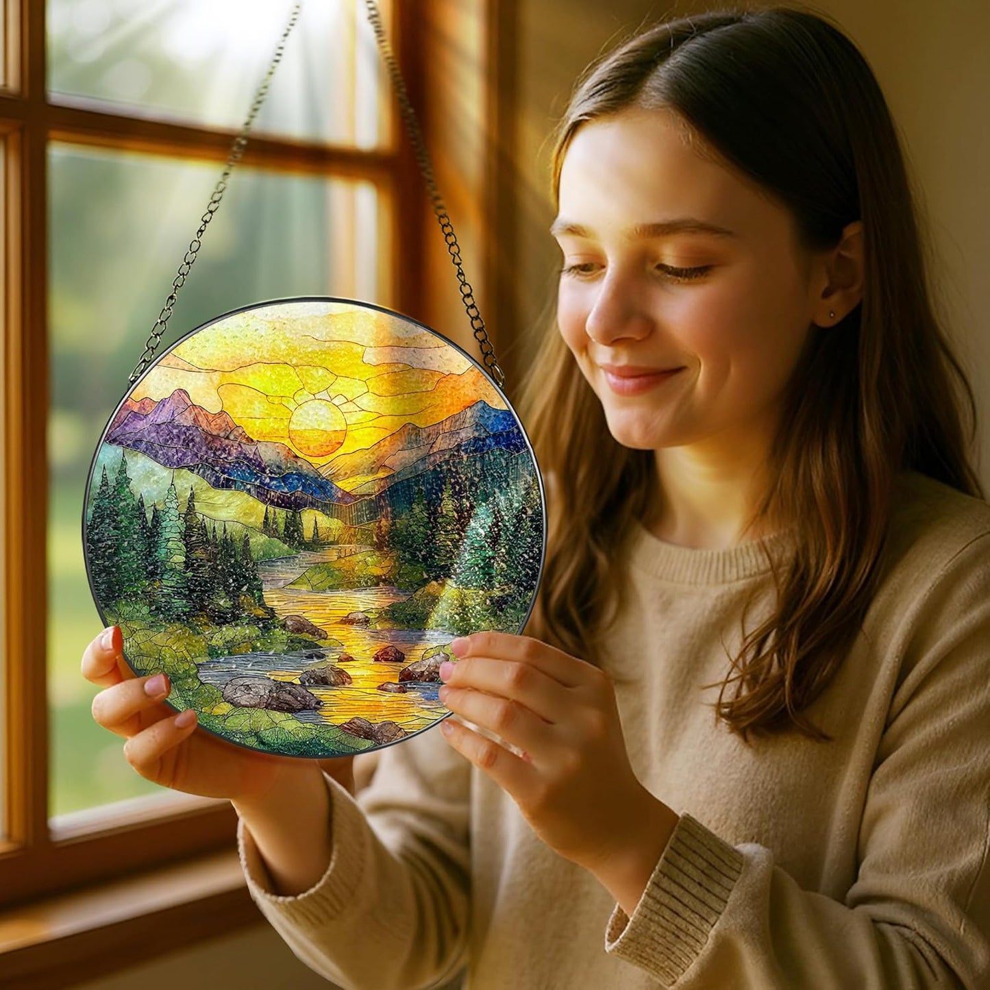8-Inch Stained Glass Ornament, Nature Suncatchers for Window Hanging, Window Hanging Decor Suncatcher, Mountain Range Ornament | Holiday, Mother’s Day, Christmas, Housewarming | Gifts for Mom &Friend