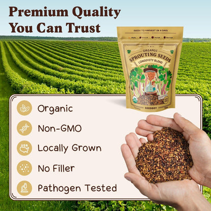 Seedboy Organic Non-GMO Sprouting Seeds, Longevity Blend – USA Grown Microgreens Mix with Broccoli, Red Kale, Black Kale, Alfalfa - 8 oz Bag Makes 6 Quarts / 20 Servings (Longevity Blend)