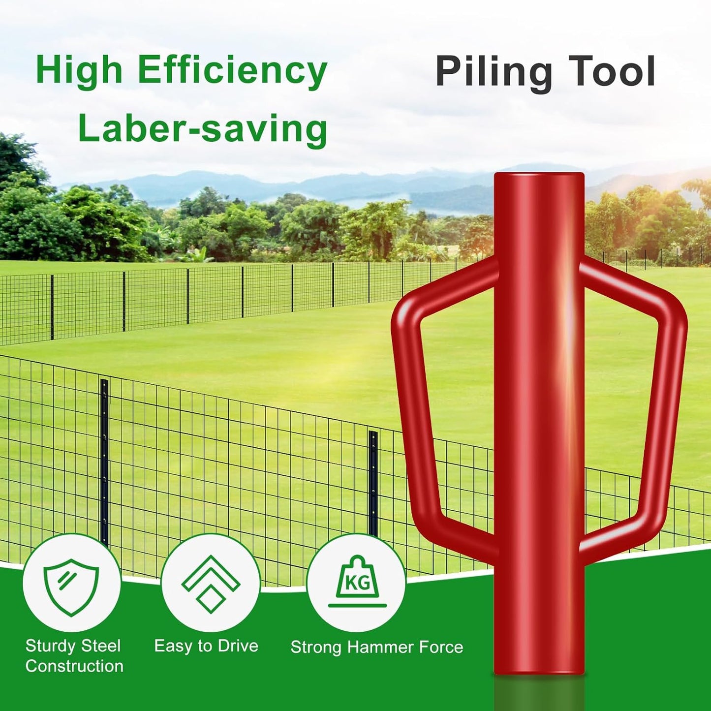 Fence Post Driver with Handle,12LB Hand Post Pounder,2.7 inches Inner Dia. Pole Rammer, Farm Wire Fencing for T Post, Metal Fence Stake and Sign Posts, Red
