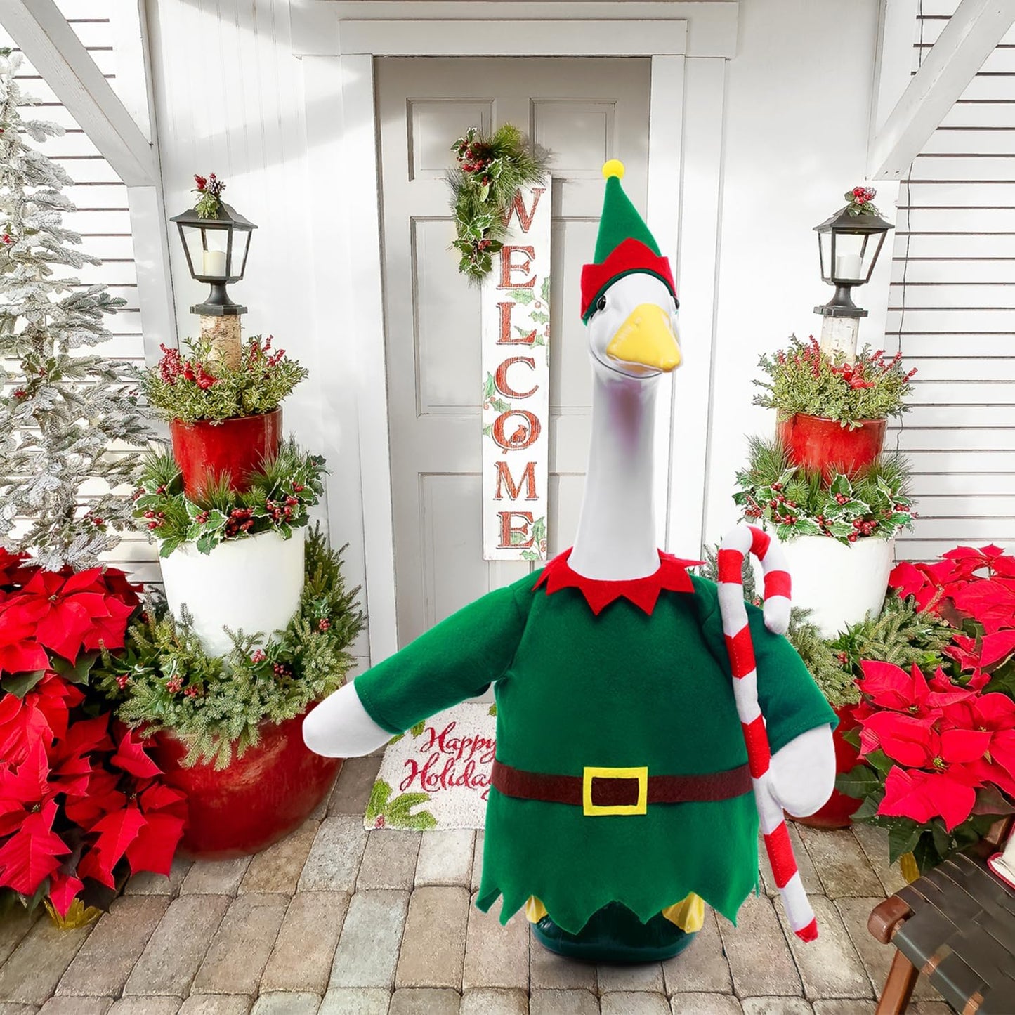 Christmas Toy Soldier Style Porch Goose Outfits,2 Pcs/Set Goose Clothes with Pointed Hat and Candy Cane Fits 23" Lawn Goose Statue,Green Christmas Outdoor Goose Costume,Yard Patio Garden Xmas Decor