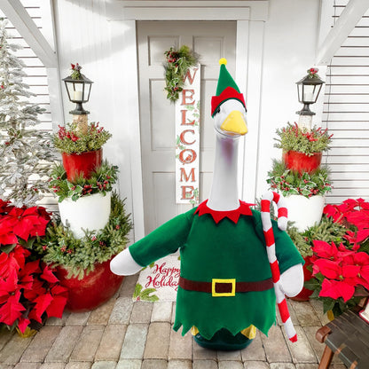 Christmas Toy Soldier Style Porch Goose Outfits,2 Pcs/Set Goose Clothes with Pointed Hat and Candy Cane Fits 23" Lawn Goose Statue,Green Christmas Outdoor Goose Costume,Yard Patio Garden Xmas Decor