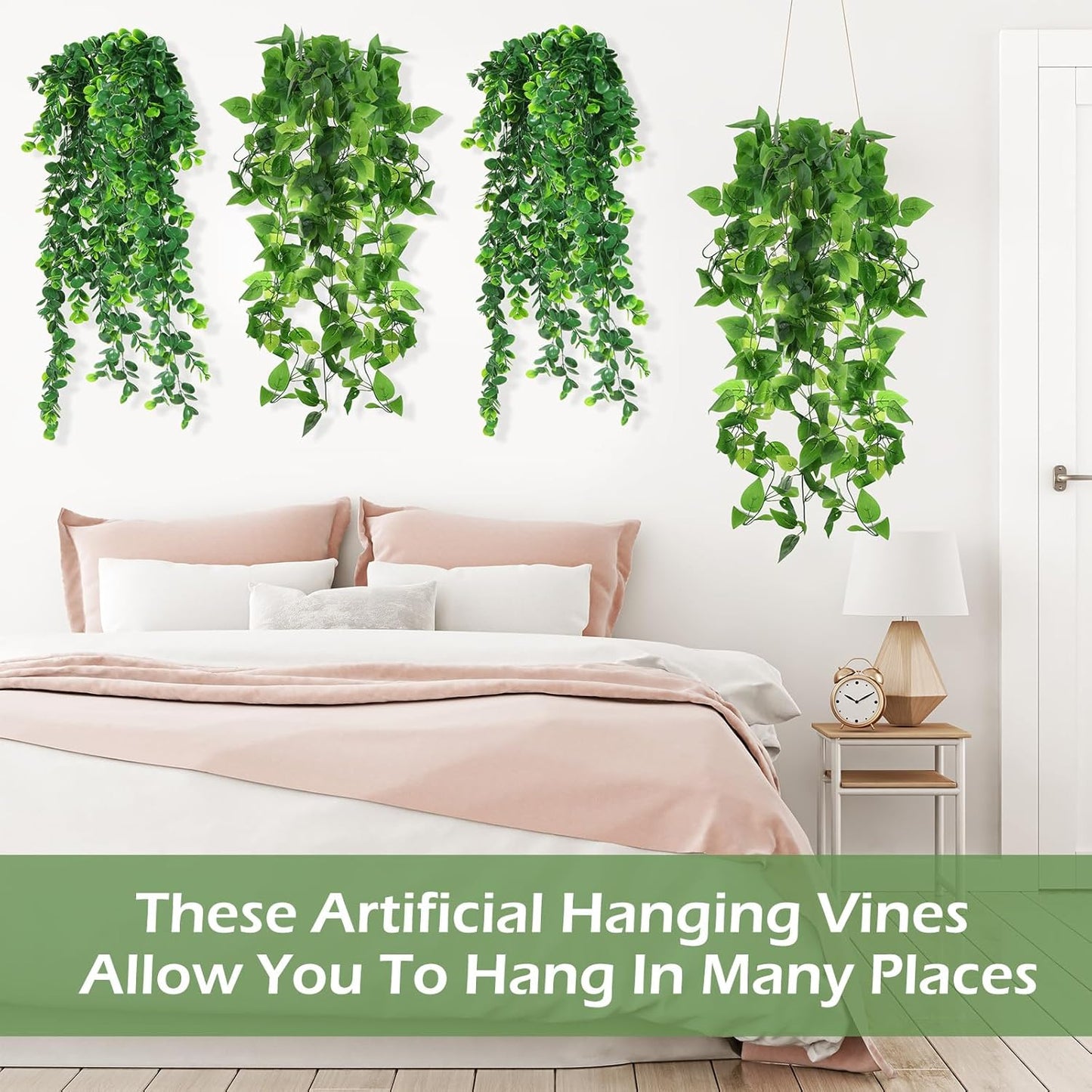 Hoteam 12 Pcs Artificial Hanging Plants 32 Inch Fake Ivy Vines with Fake Leaves Patio Artificial Plants Greenery for Living Room Indoor Outdoor Wall, No Basket (Pothos,Eucalyptus)