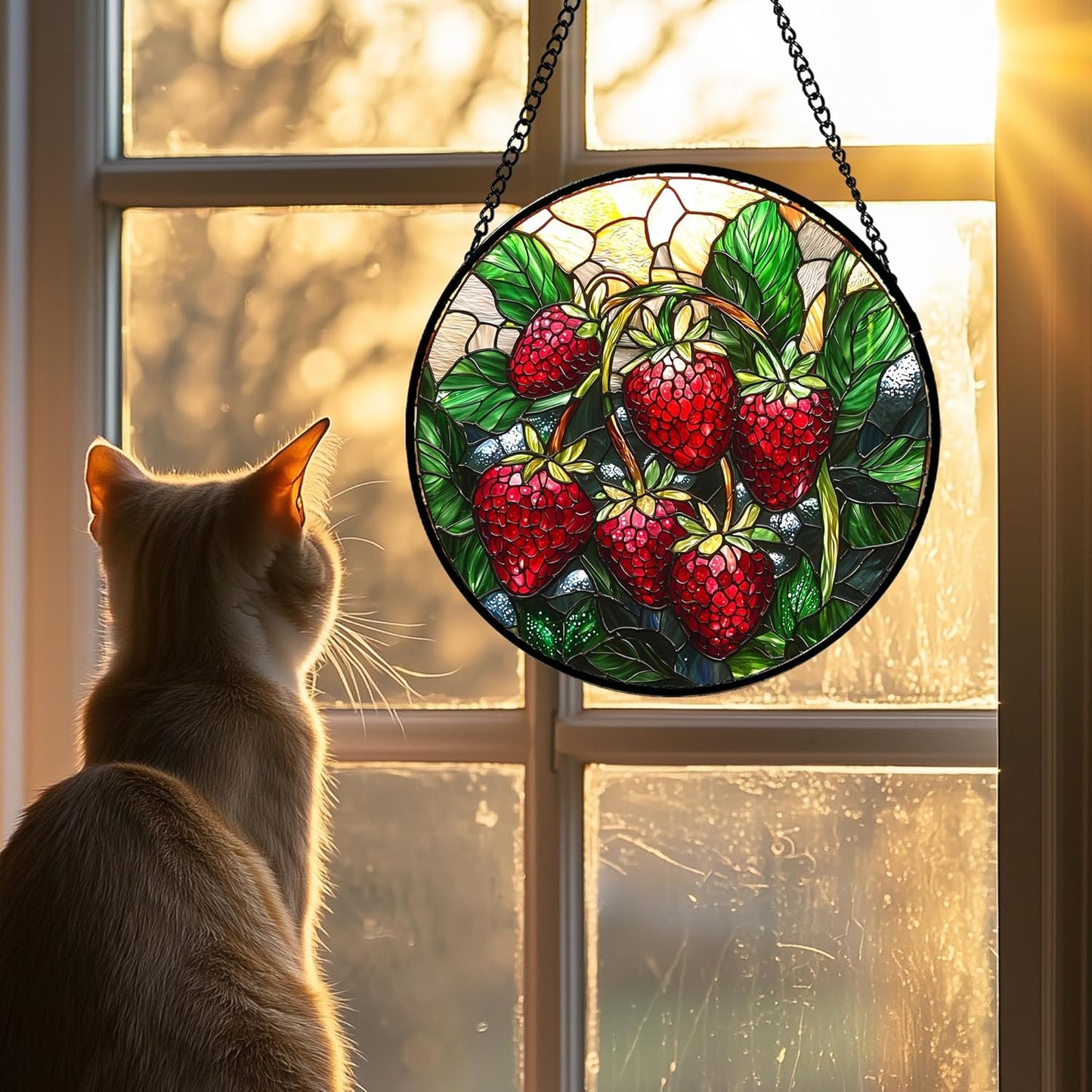 Stained Glass Suncatcher, Red Strawberry Green Leaf Sun Catcher Silver Background Stain Glass Window Hanging Decoration Mother's Day Birthday Gifts for Women Men Mom Nana 11.8 in