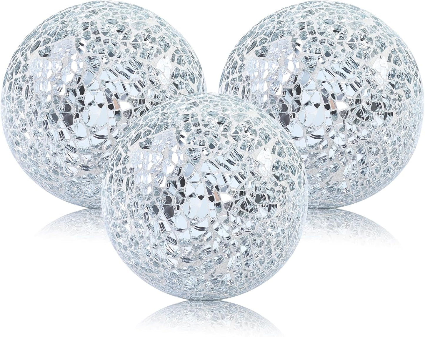 Mosaic Glass Balls 3.35 Inch Decorative Orbs Ball Decor Crack Solid Sphere Mirror for centerpieces Table Bowl Home Christmas Ornaments Silver Set of 3