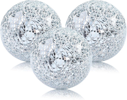 Mosaic Glass Balls 3.35 Inch Decorative Orbs Ball Decor Crack Solid Sphere Mirror for centerpieces Table Bowl Home Christmas Ornaments Silver Set of 3