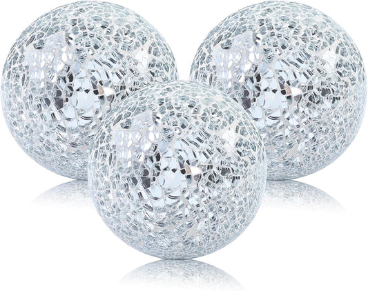 Mosaic Glass Balls 3.35 Inch Decorative Orbs Ball Decor Crack Solid Sphere Mirror for centerpieces Table Bowl Home Christmas Ornaments Silver Set of 3