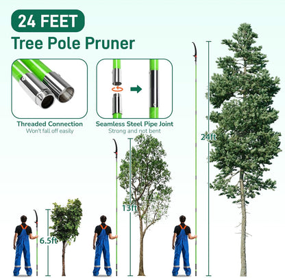 Outvita Manual Pole Saw, 24 Feet Extendable Tree Pruner with Knives and Storage Pocket, Sharp Steel Blade and Scissors High Branches Trimming for Pruning Palms and Shrubs(Green)
