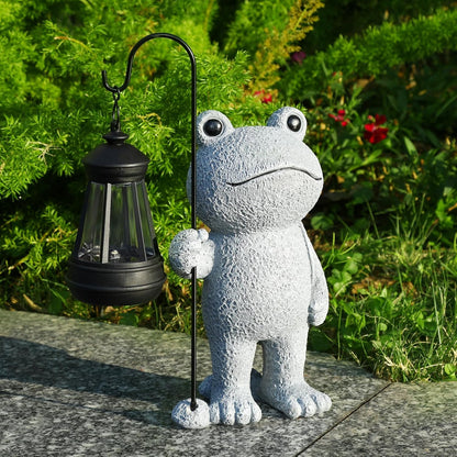 Garden Statue Frog Outdoor Decor, Solar Patio Garden Sculptures & Statues, Resin Decor Gift for Women, Mom, Grandma, Stone
