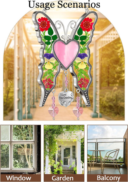 KY&BOSAM Heart Butterfly Suncatcher I Love You Grandma Stained Glass Panels Pink Heart for Windows Wind Chimes Metal Engraved Charm Gifts for Grandma Mothers Day Valentine's Birthday Christmas