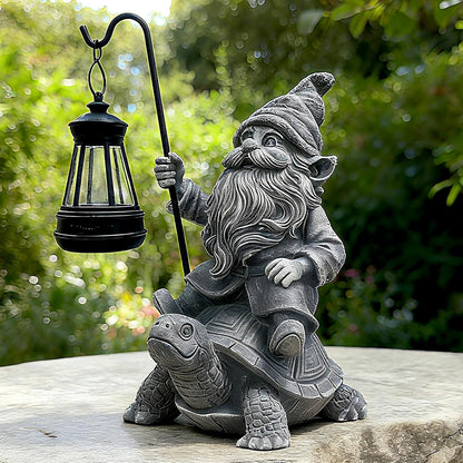 Garden Gnome Statue Riding Turtle - Garden Gnomes Decorations with Solar LED Lights, 7.9" Outdoor Resin Figurine Ornament for Patio, Yard, Funny Lawn Decor (Gray)