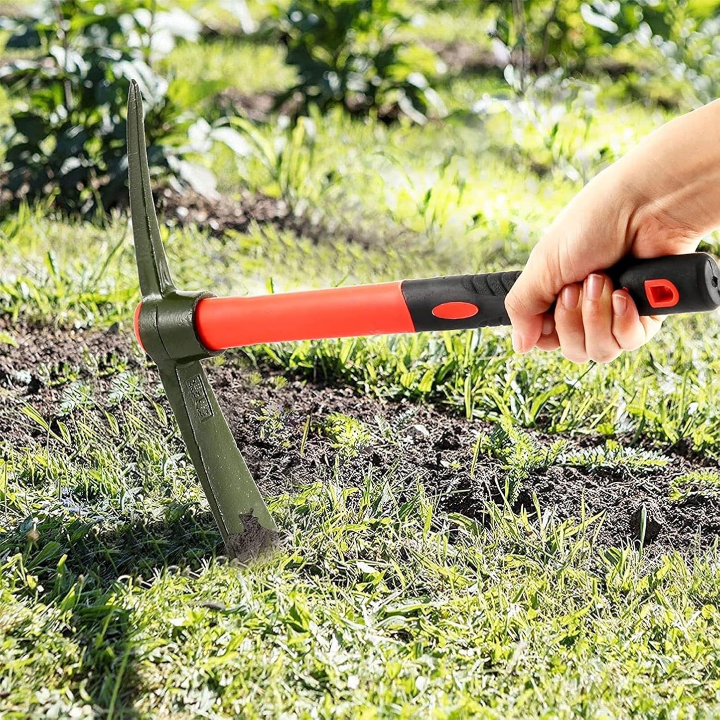 15 Inch Pick Mattock Hoe, Forged Steel Weeding Pick Axe with Fiberglass Long Handle Garden Tool for Digging, Gardening, Camping, Prospecting, Construction Work