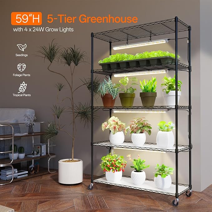 Bstrip Plant Shelf with Grow Light with Timer, Metal Plant Stand with Adjustable Rack and Wheels, 4 Pack 24W Full Spectrum Grow Light Strip for Indoor Plants, Seed Starting, 35.4"x13.8"x59"