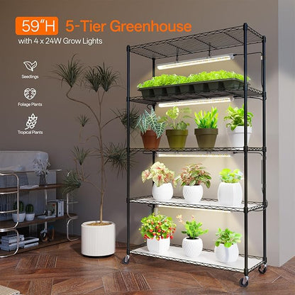 Bstrip Plant Shelf with Grow Light with Timer, Metal Plant Stand with Adjustable Rack and Wheels, 4 Pack 24W Full Spectrum Grow Light Strip for Indoor Plants, Seed Starting, 35.4"x13.8"x59"