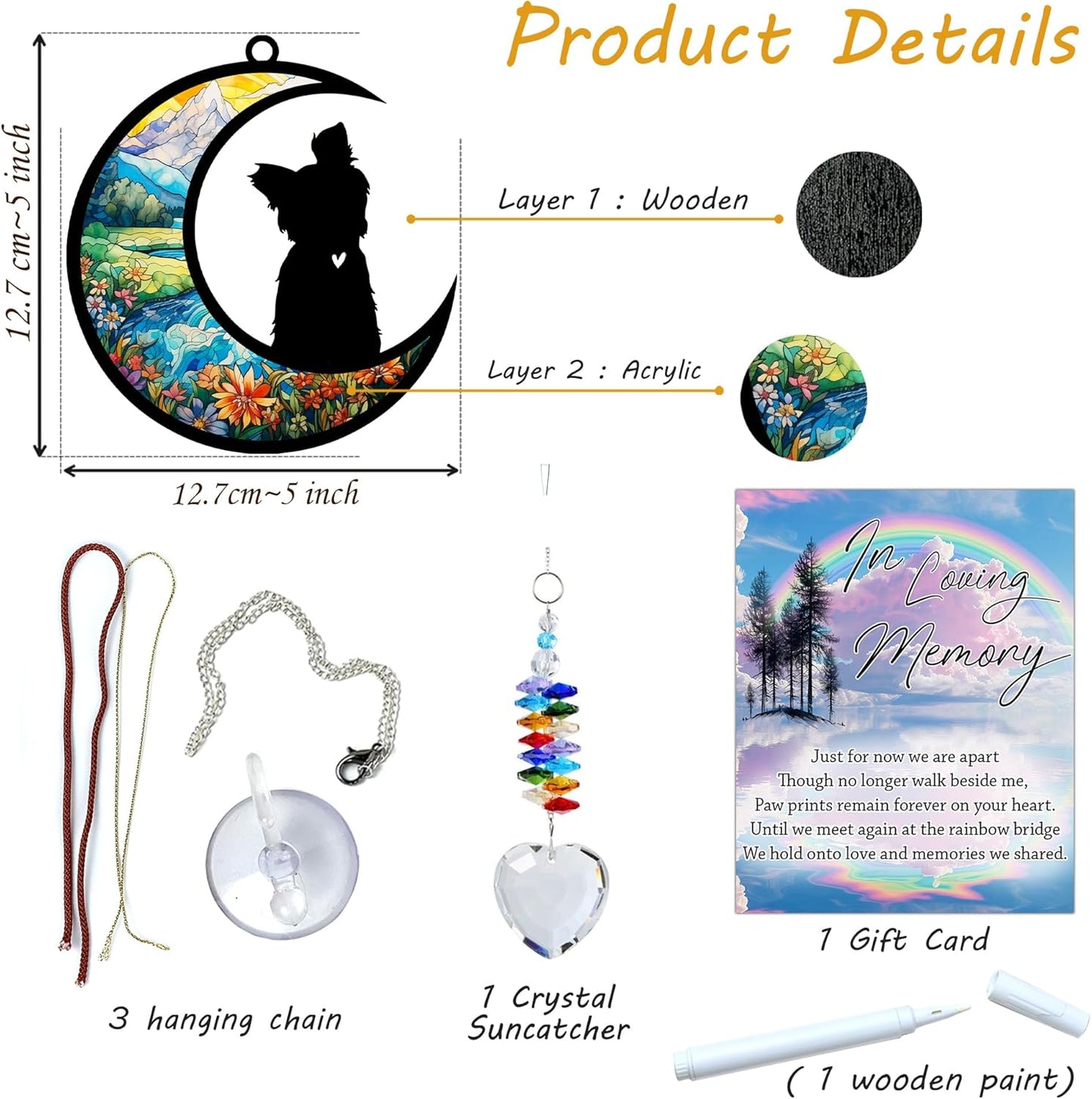 Yorkshire Terrier Suncatcher, Personalized Pet Loss Gift with Name & Date, Heart-Shaped Crystal Sun Catcher, Dog Remembrance Sympathy Rainbow Maker for Window & Garden