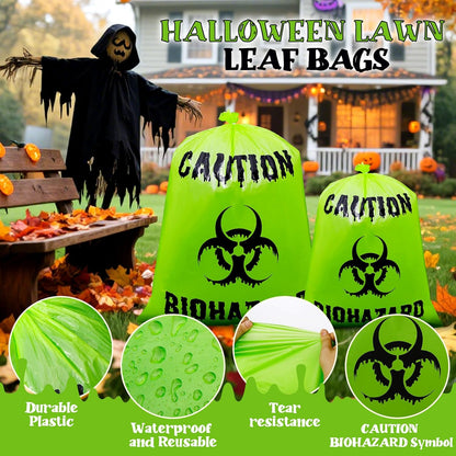 12 Pcs Large Halloween Leaf Bags Biohazard Halloween Decorations Halloween Trash Bags for Leaves Plastic Yard Lawn Waste Bag Scientist Biohazard Bag Outdoor Biohazard Zombie Party Decorations (Green)