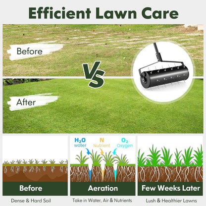 S AFSTAR 21" Manual Lawn Aerator, Heavy Duty Rolling Aerator Lawn Tool Filled Sand Stone with 51" Detachable Handle & Tine Spikes for Soil Loosening, Push Grass Aeration for Garden Yard, Black