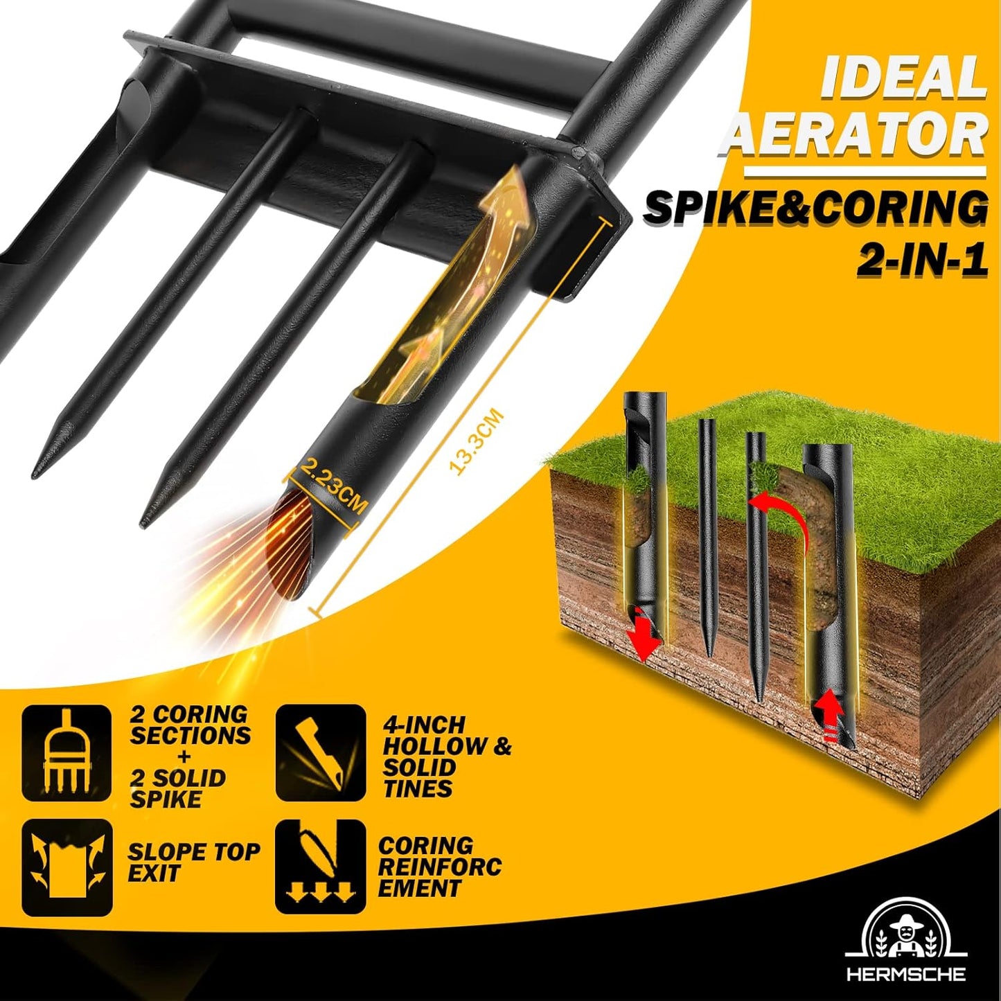 Lawn Aerator Coring Tool, Manual Plug Core Aerators with Cleaning Stick, 2 Half-Open Hollow Slot Tines and 2 Spike Heavy Duty Grass Aeration Tool for Soils Yard Garden