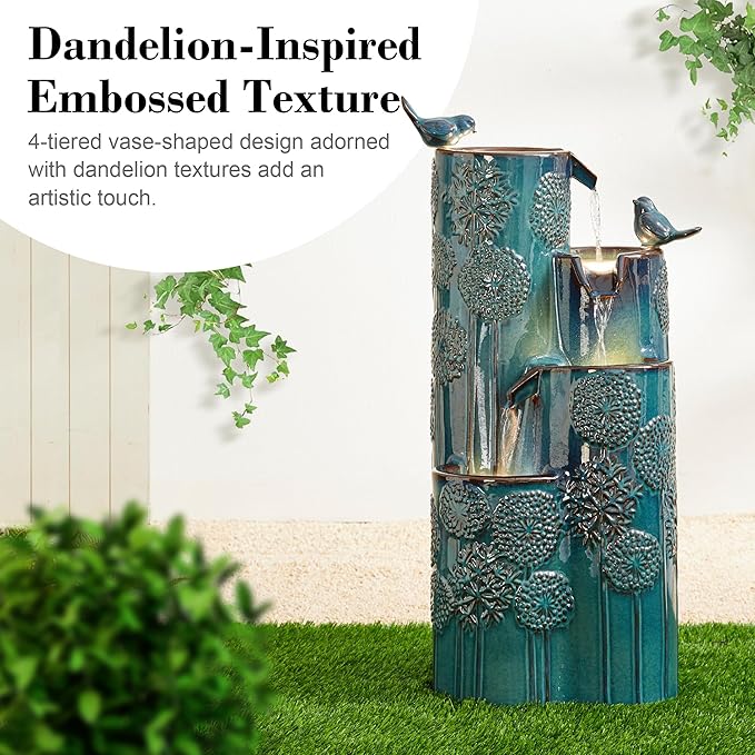 Glitzhome 31.75" H Outdoor Water Fountain with LED Lights and Pump, 4 Tier Dandelion Texture Vase Shaped Ceramic Floor Standing Fountain with Birds for Porch Deck Garden Patio Backyard, Turquoise