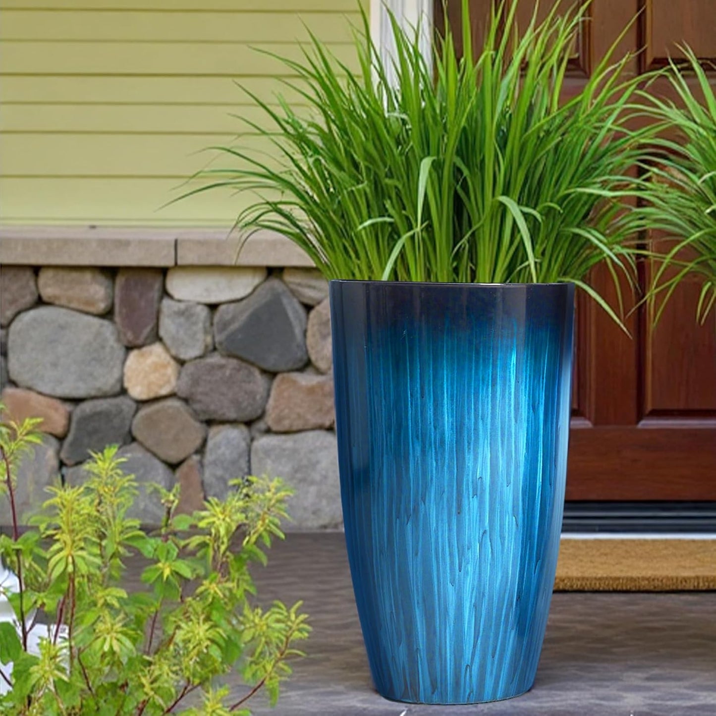 Worth Garden 23.5" Tall Plastic Planters Set of 2 with Drainage Holes, Gradient Blue Glossy Finish, Large Lightweight Round Plant Pots for Indoor Outdoor Use, Decorative Flower Pots for Front Porch