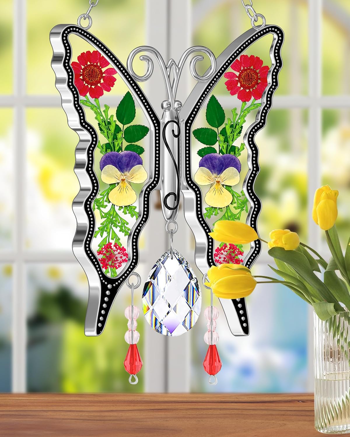 KY&BOSAM Crystal Butterfly Suncatchers for Windows Hanings Stained Glass Wind Chimes with Metal Charms Colorful Rainbow Prisms Garden Decor for Mom Grandma Christmas Wedding Gifts 8" Hanging Ornament