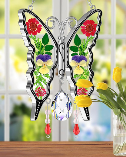 KY&BOSAM Crystal Butterfly Suncatchers for Windows Hanings Stained Glass Wind Chimes with Metal Charms Colorful Rainbow Prisms Garden Decor for Mom Grandma Christmas Wedding Gifts 8" Hanging Ornament