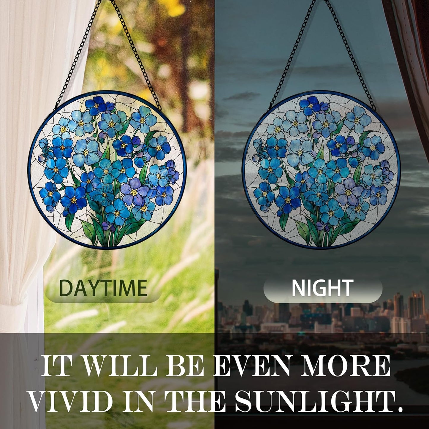 Blue Forget Me Not Flower Suncatcher Stained Glass Window Hanging, Blue Flower Sun Catchers Indoor Window Glass Round Wall Decor, Floral Wall Art Hanging Decorations, ＂7.8x7.8＂